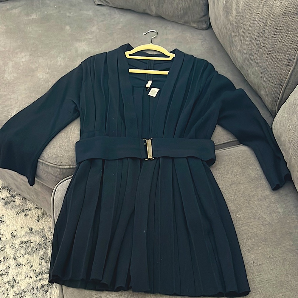 Black Pleated Kimono 3/4 Sleeve Cardigan with self belt